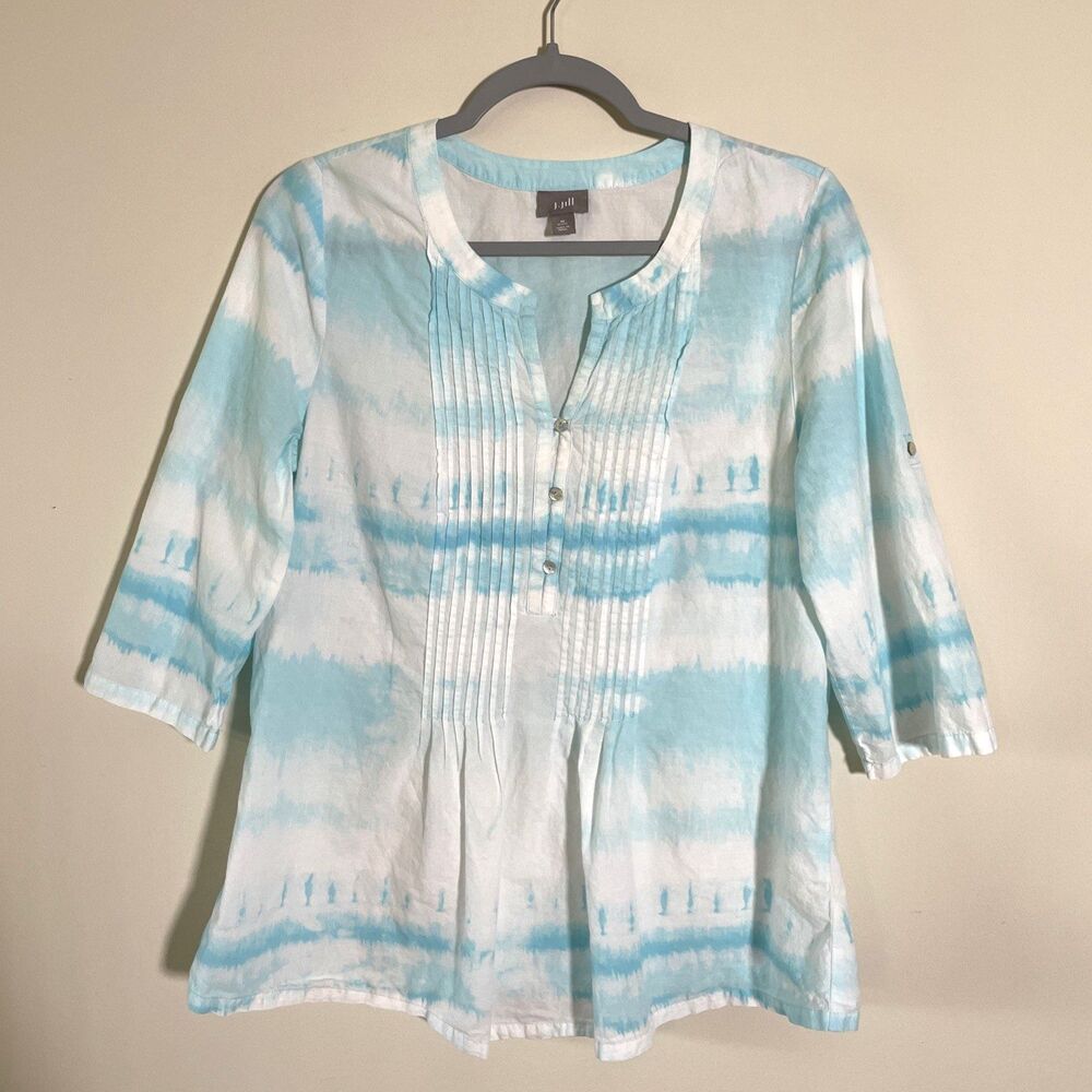 J. Jill Women's Blue White Tie Dye Cotton Tunic Blouse Size Medium Bohemian